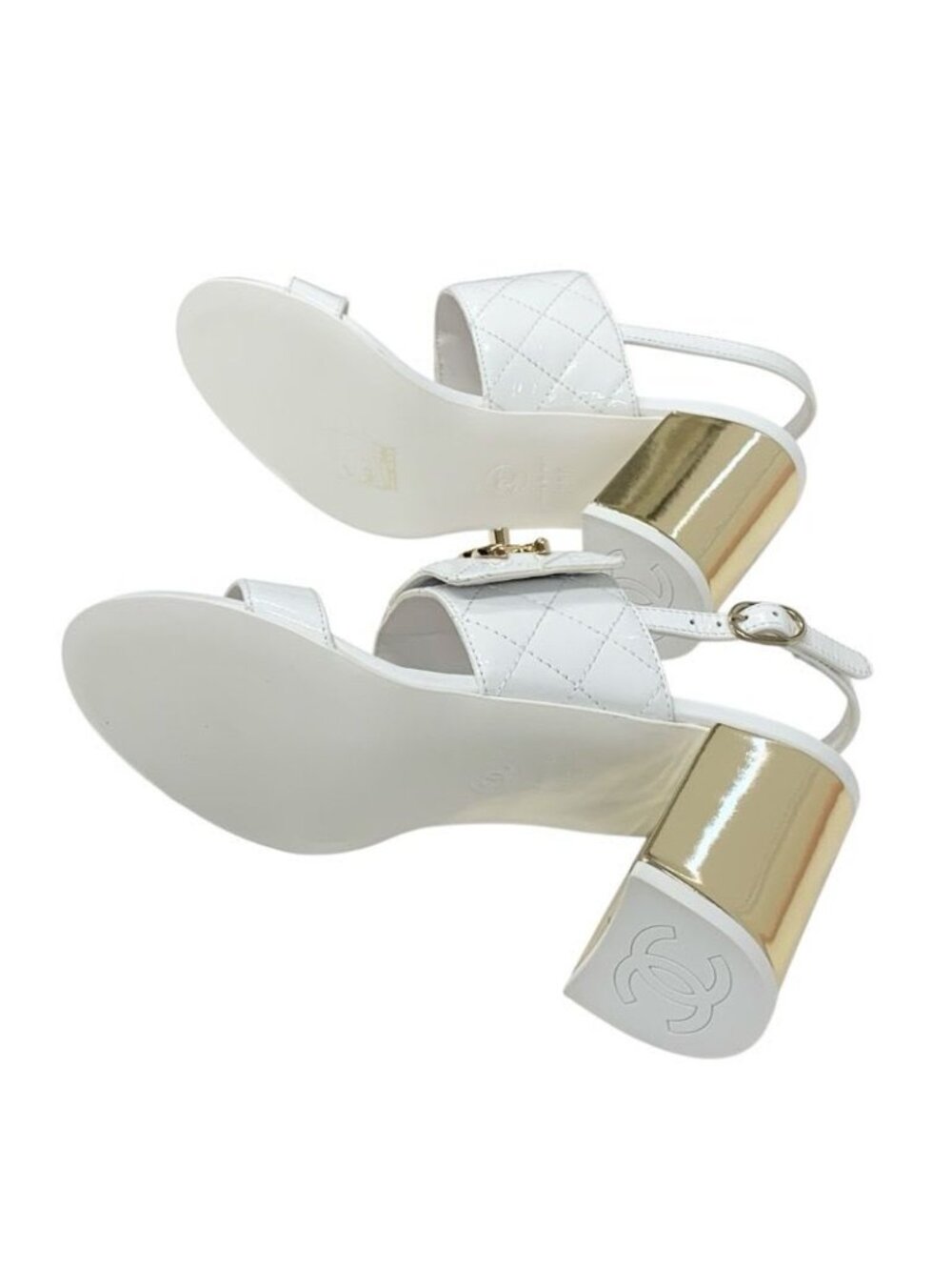 Chanel Sandals Shoes Patent White Gold Quilted Coco Mark Turnlock Strap - Picture 6 of 9